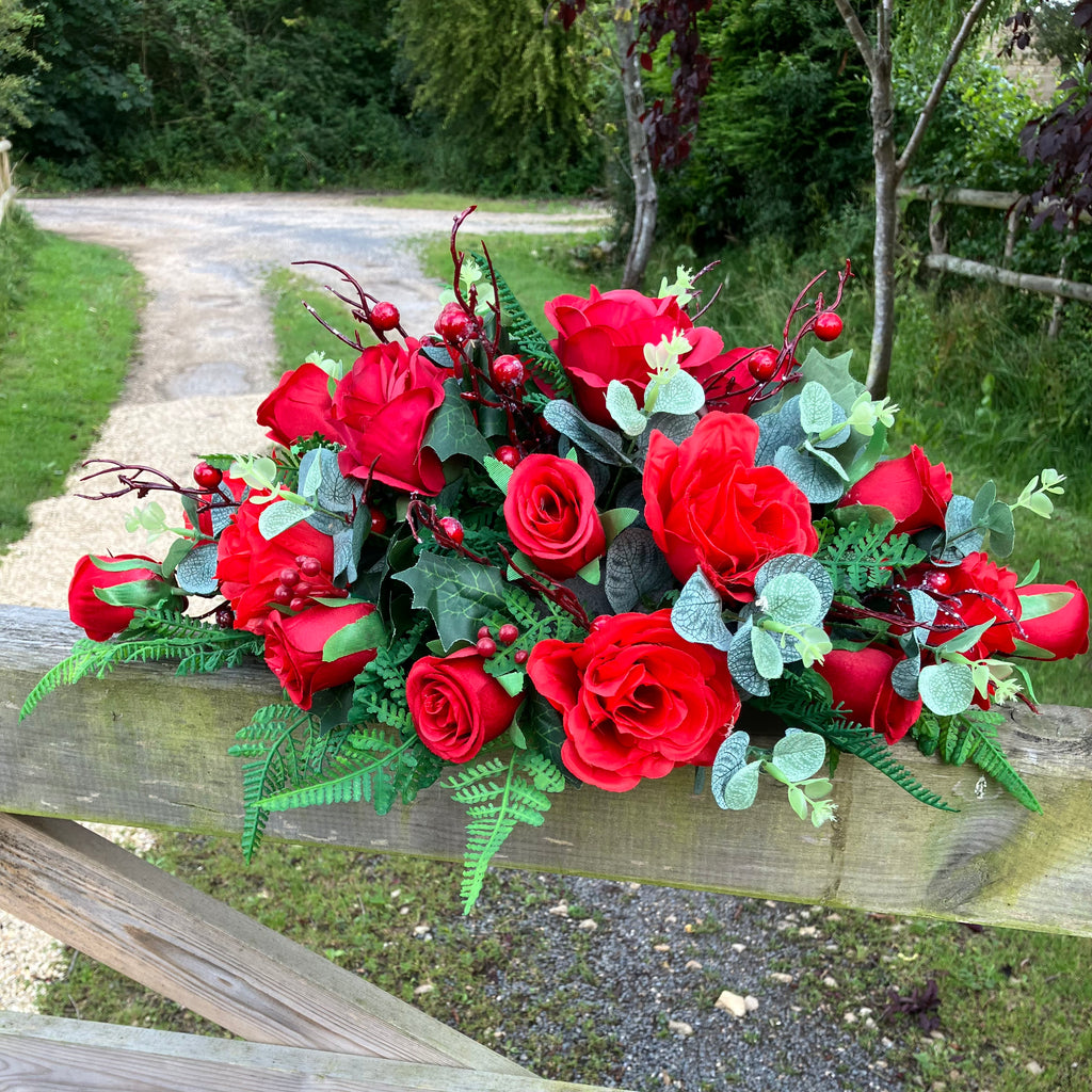 graveside flower arrangement double ended spray of red roses AbigailRose