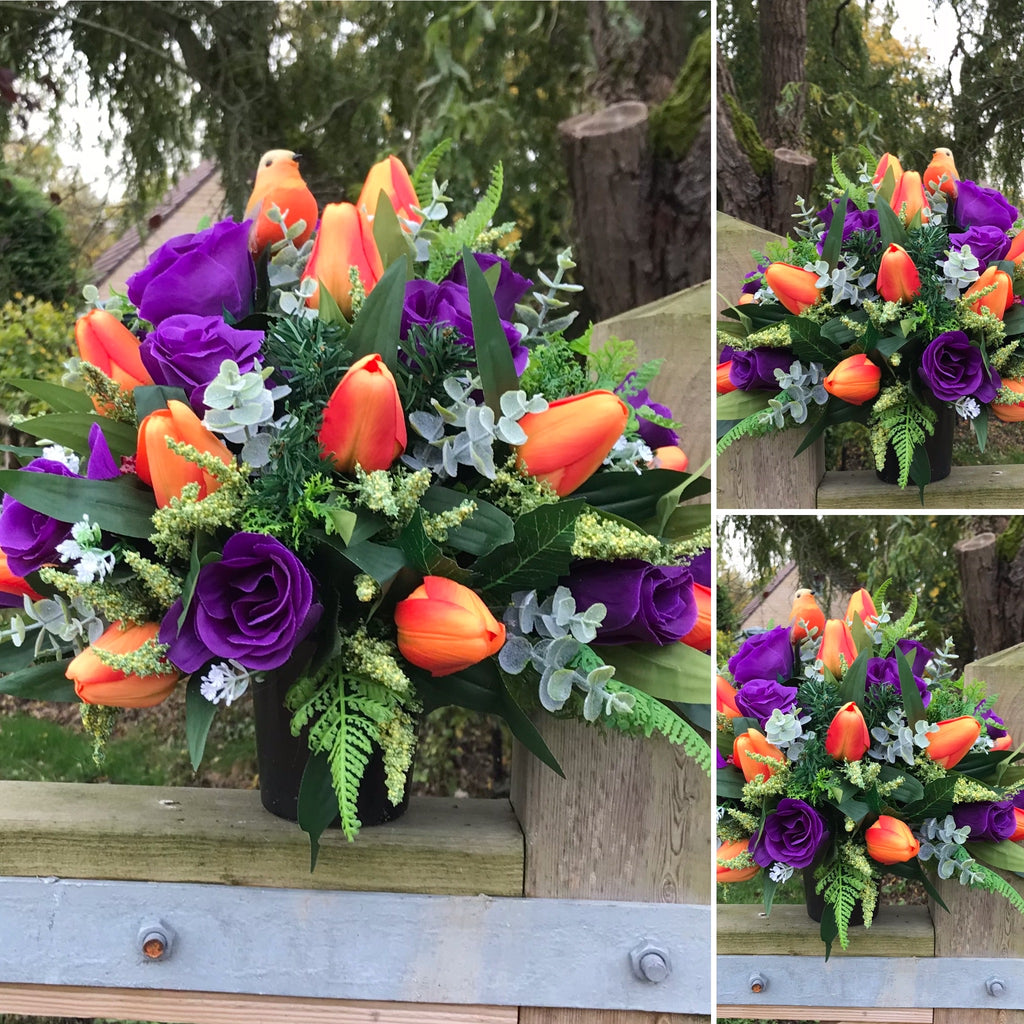 a silk flat back graveside flower arrangement in black pot AbigailRose