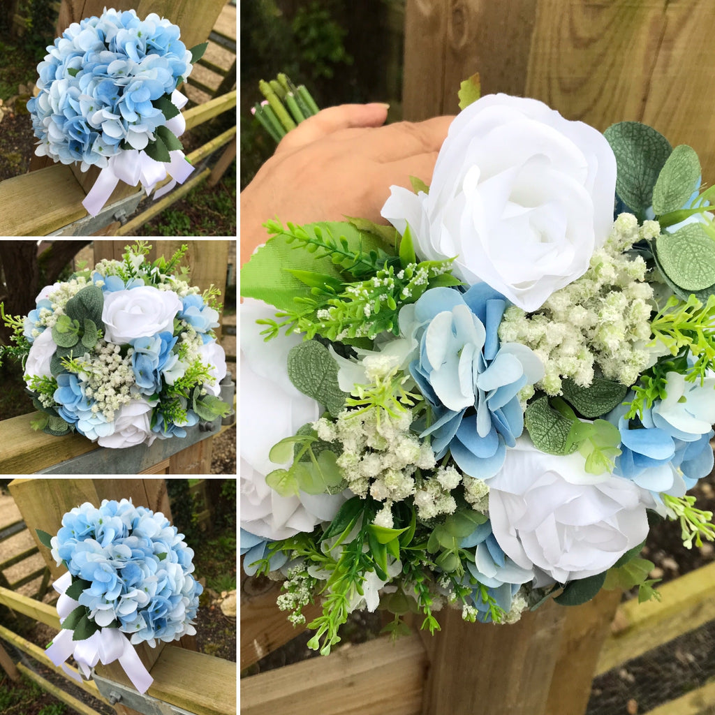 A wedding bouquet collection featuring ivory white and pale blue flowe AbigailRose