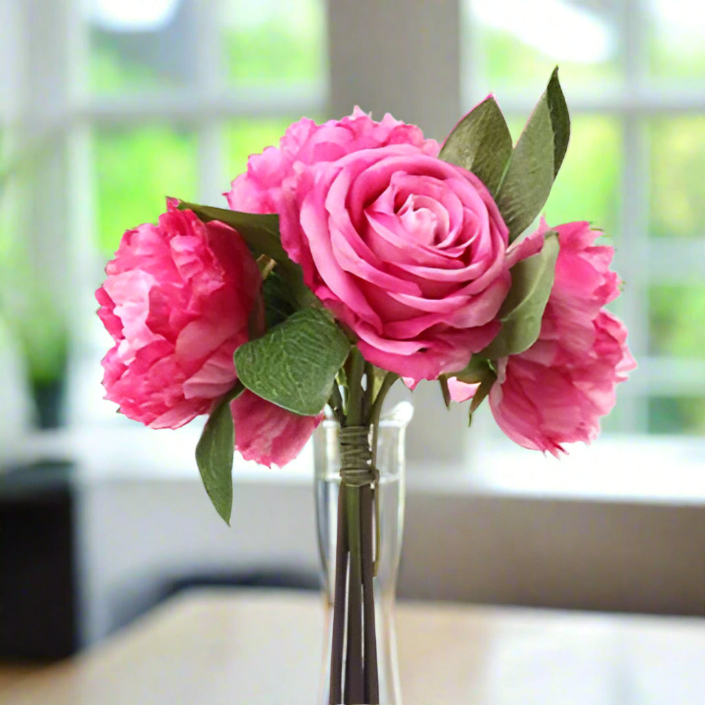 a bunch of 7 individual stems of large cerise rose and peony