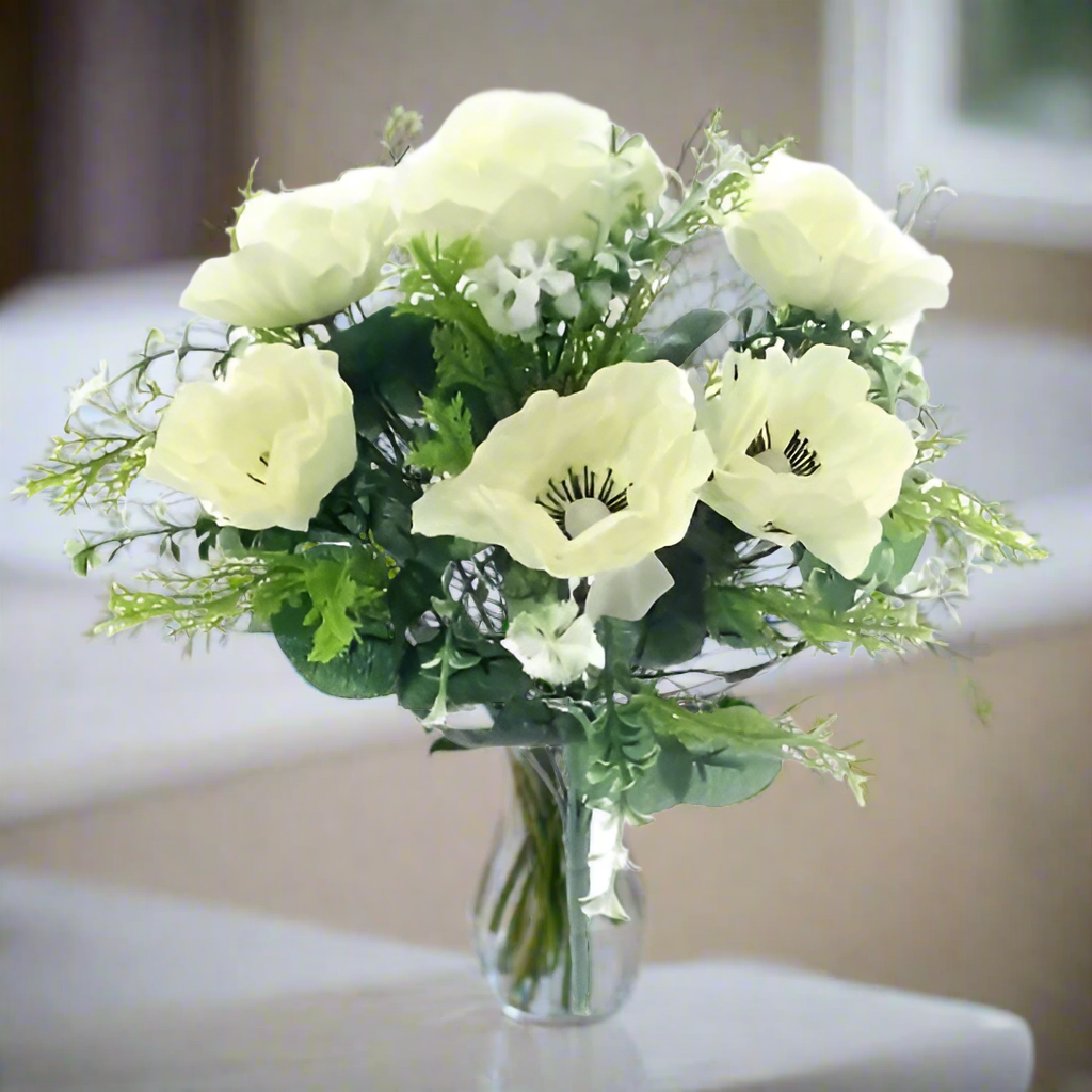 a bush of artificial silk anenomie flowers - ivory