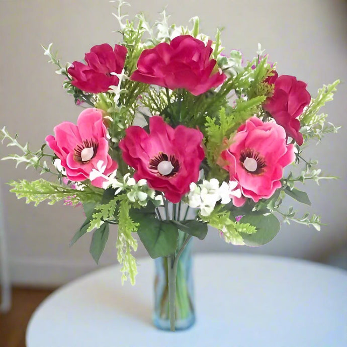 a bush of artificial silk anenomie flowers - cerise