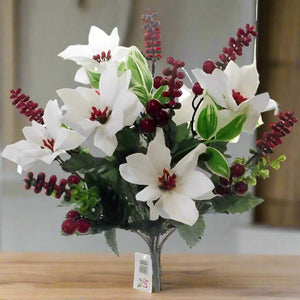 white velvet poinsettia bush with red berries and foliage