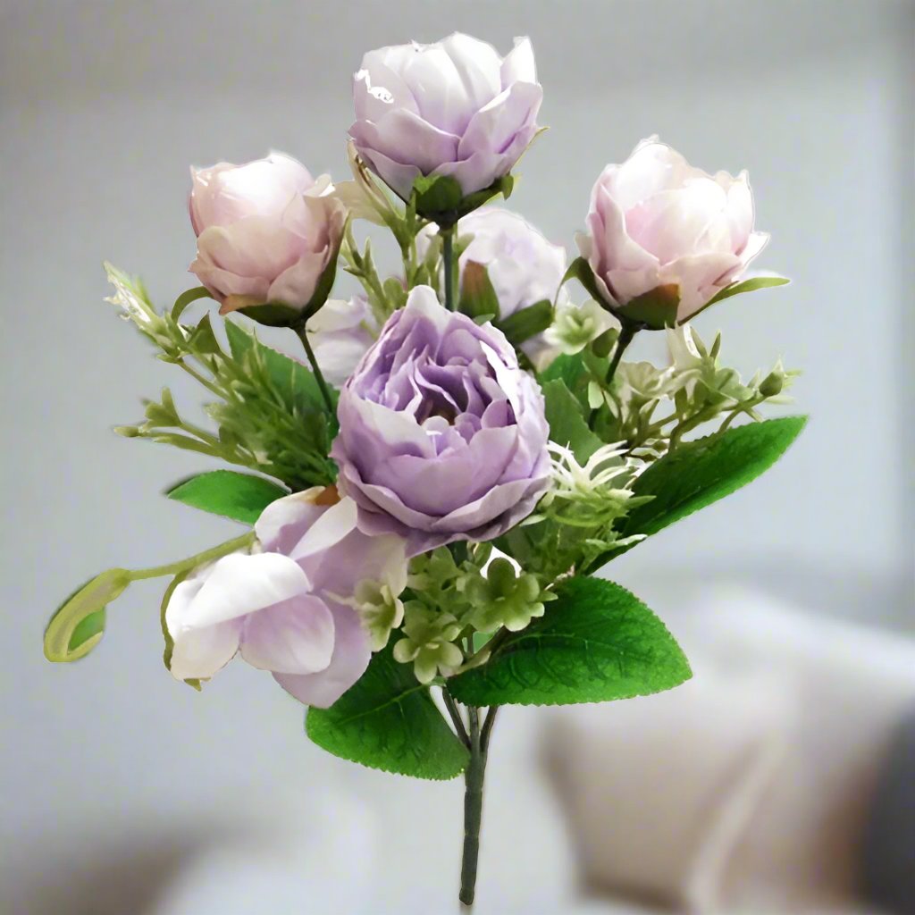 lilac and mauve flower bush of artificial roses