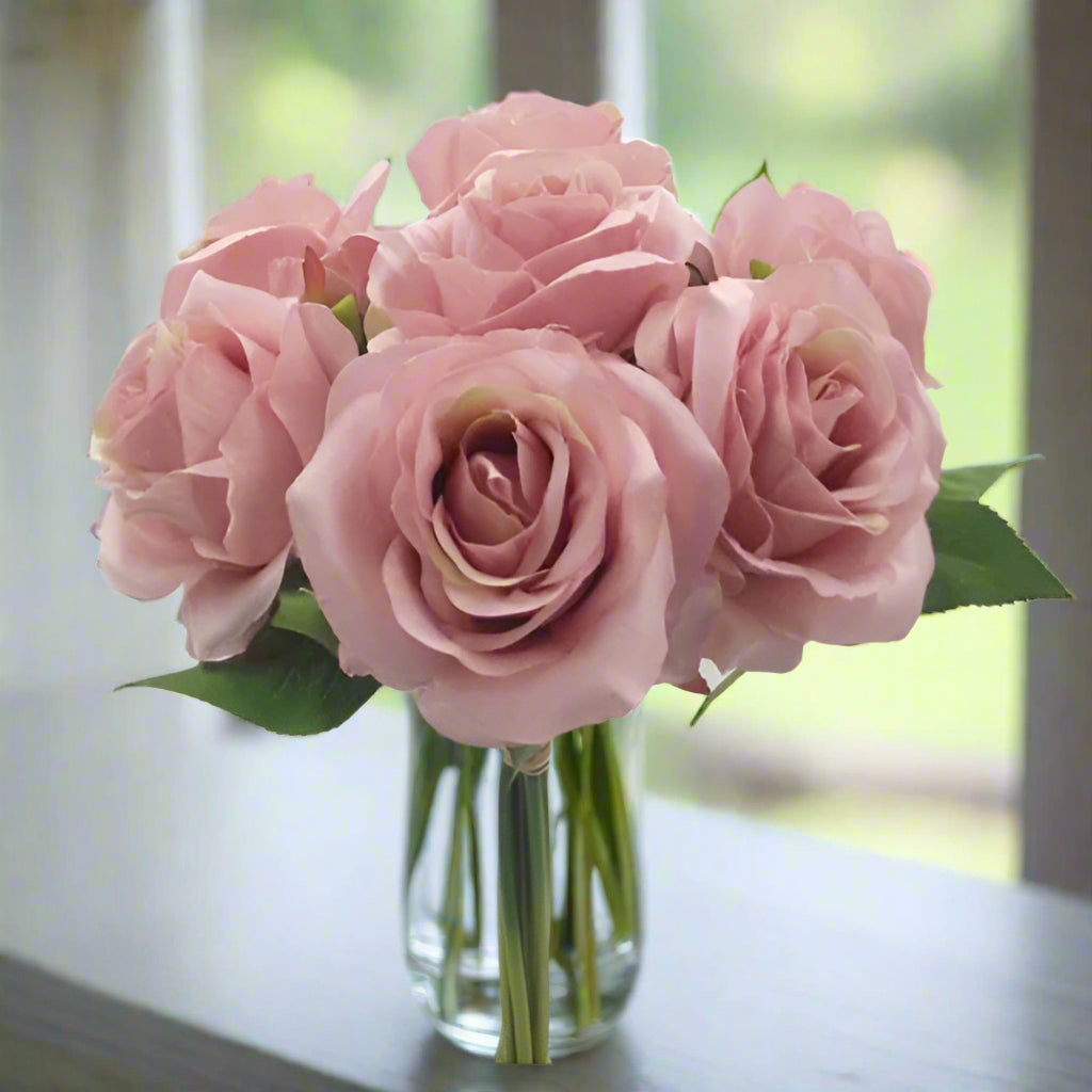 a bunch of 7 artificial faux silk roses flowers - dusky pink