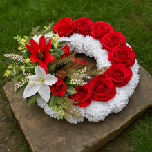 Christmas Memorial Wreath with Red Roses and White Florals – Artificial Graveside Tribute