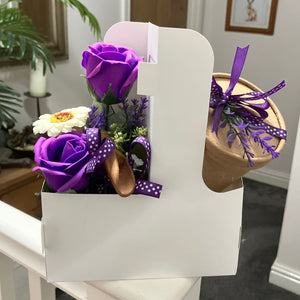 Luxury Soap Flower Gift Box with Bath Dust in Kraft Pot – Purple Rose & Daisy Pamper Set
