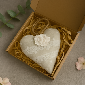 Heart-shaped decorative item with lace and a flower in a brown box on a gray surface.