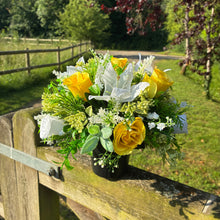 Artificial Memorial Grave Flower Arrangement in Black Pot | Yellow Roses & White Lily Cemetery Tribute