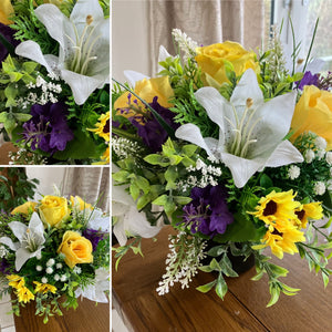 a yellow and purple flower arrangement