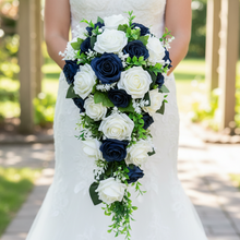 A wedding bouquet of navy and ivory artificial roses flowers