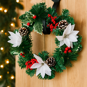 White Poinsettia Christmas Wreath with Berries and Pinecones – Winter Door Decoration