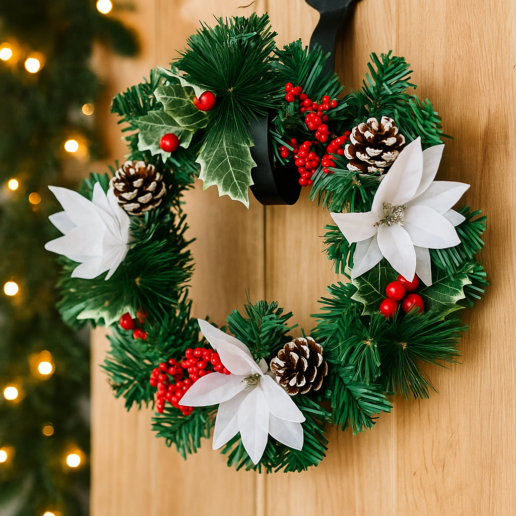 White Poinsettia Christmas Wreath with Berries and Pinecones – Winter Door Decoration