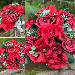 a wedding bouquet of artificial red silk roses & tulip flowers