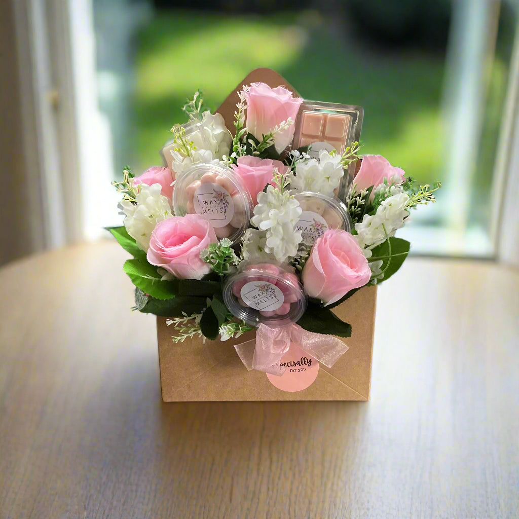 wax melts and pink silk rose gift boxed and personalised