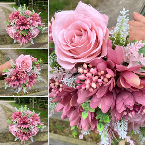 A brides posy featuring artificial pink silk gerbera and roses