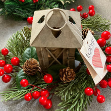 christmas candle ring and rustic lantern ideal as table centre