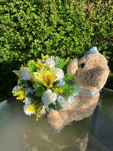 Child graveside memorial teddy with pink or yellow/blue/cream flowers