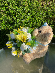 Child graveside memorial teddy with pink or yellow/blue/cream flowers