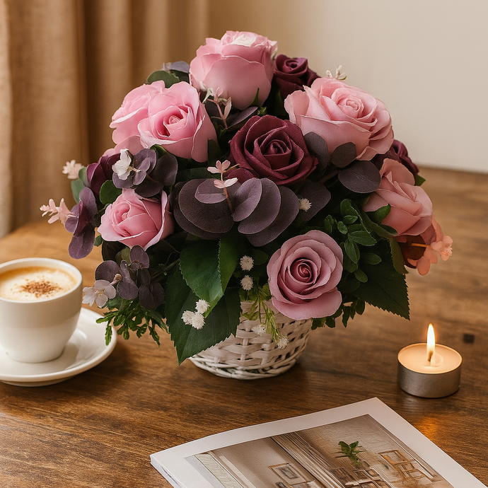 flower arrangment of artificial silk  pink and burgundy roses with a cup of coffee and candle on a wooden table.