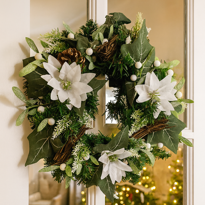 an artificial pine christmas wreath with white poinsettia