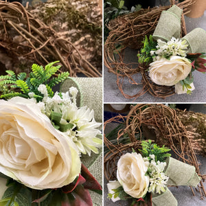 A heart wreath with artificial roses and foliage