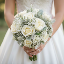 A wedding bouquet collection of faux silk artificial ivory roses, grey foliage and gyp