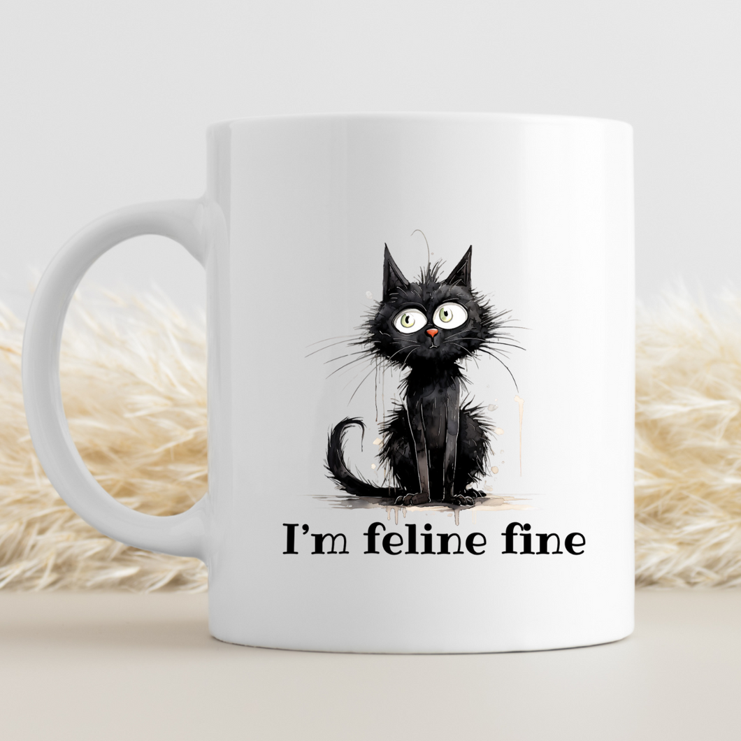 a ceramic gift mug from our black cat collection - 'feeling fine