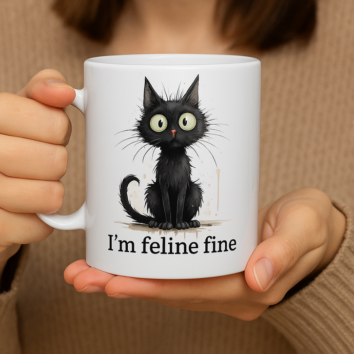 a ceramic gift mug from our black cat collection - 'feeling fine