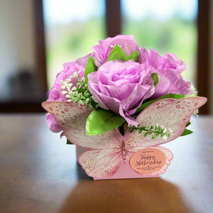 posy of mothersday lilac faux silk lilac roses in butterfly container