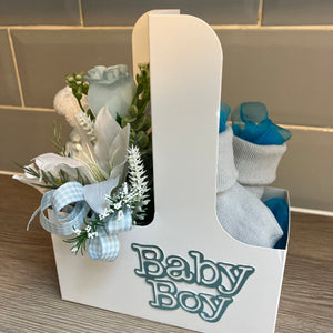 new baby boy flower arrangement and gift