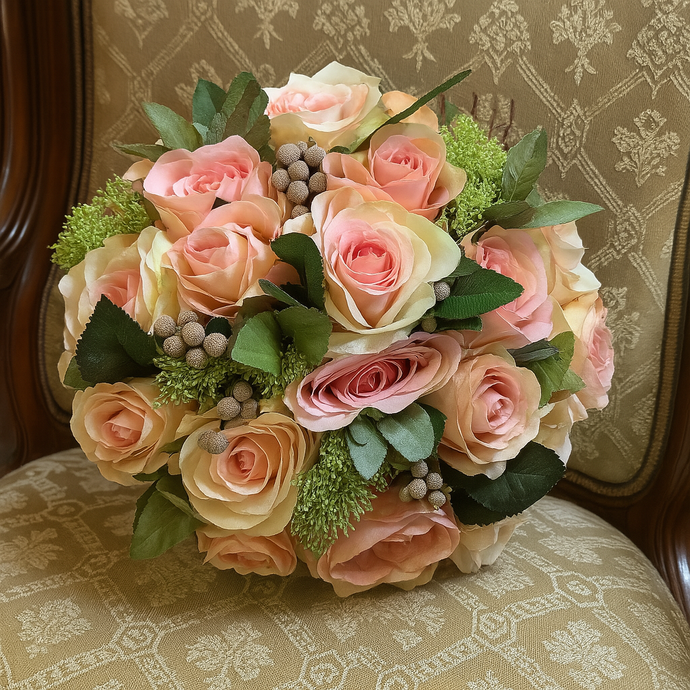 A brides bouquet of pink and apricot artificial silk rose flowers