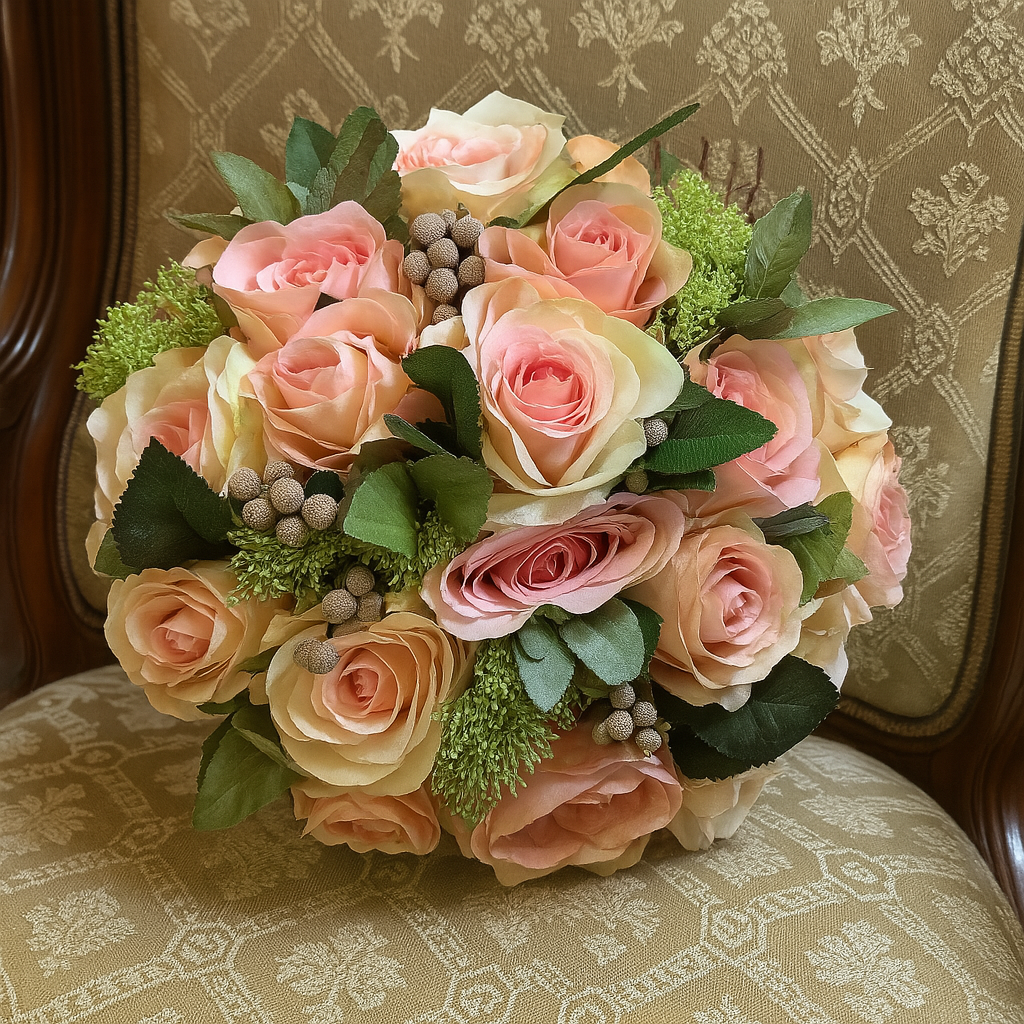 A brides bouquet of pink and apricot artificial silk rose flowers