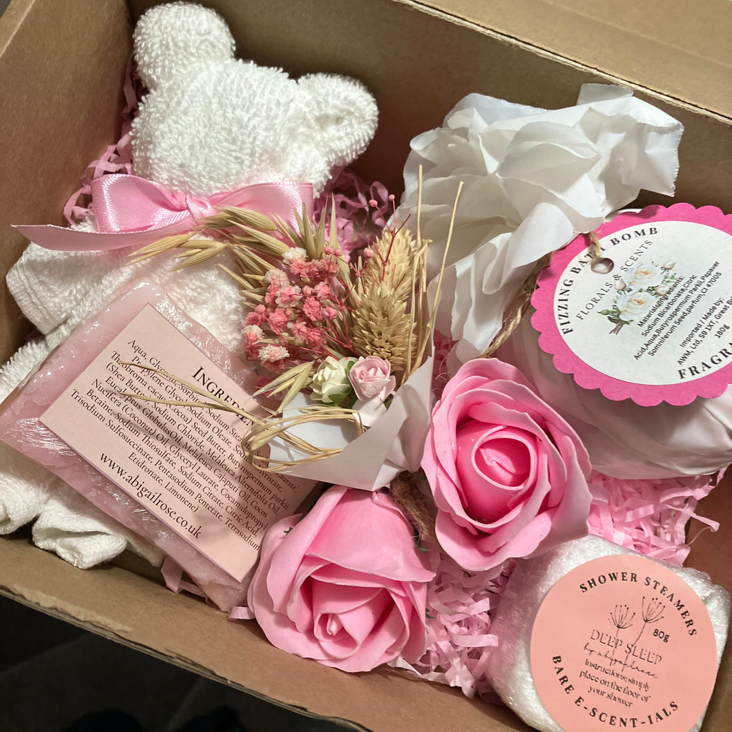 Pamper hamper, bath bomb, flannel teddy, soap roses, shower steamer, soap bar & dried flowers