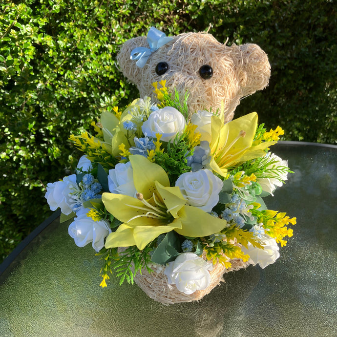 Child graveside memorial teddy with pink or yellow/blue/cream flowers