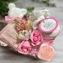 Pamper hamper, bath bomb, flannel teddy, soap roses, shower steamer, soap bar & dried flowers