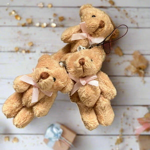 personalised petite plush jointed teddy bear with pink ribbon bow - key ring gift