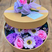 soap flowers in large gold coloured hat box - pink