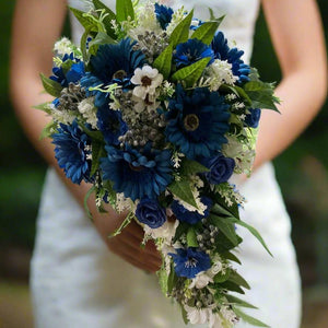 teardrop wedding bouquet of artificial royal blue faux silk  gerbera