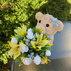 Child graveside memorial teddy with pink or yellow/blue/cream flowers