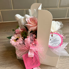 pamper gift, Jumbo bath bomb, towelling teddy and soap flower arrangement