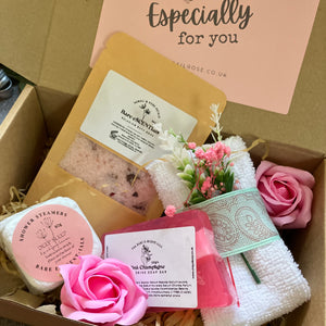 Pamper hamper, deep sleep shower steamers, soap roses, bath salts, Flannel & soap bar