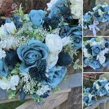 A wedding bouquet collection of ivory and teal flowers and foliage