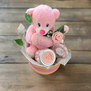 Wax melts and pink teddy presented in hat box, special mum gift