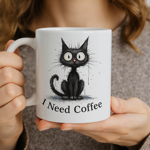 a ceramic gift mug from our black cat collection -' I need coffee'