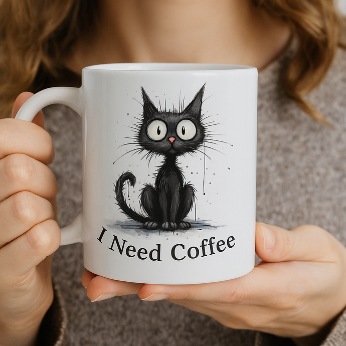a ceramic gift mug from our black cat collection -' I need coffee'