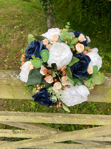 Wedding bouquet of artificial faux silk roses and peony flowers