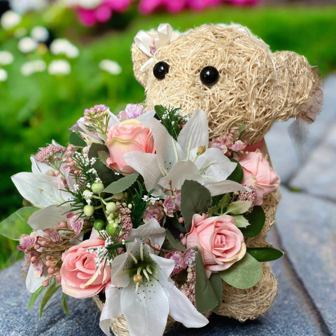 Child graveside memorial teddy with pink or blue rose flowers