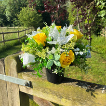 Artificial Memorial Grave Flower Arrangement in Black Pot | Yellow Roses & White Lily Cemetery Tribute