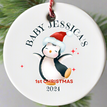 baby's first christmas personalised bauble with penquin